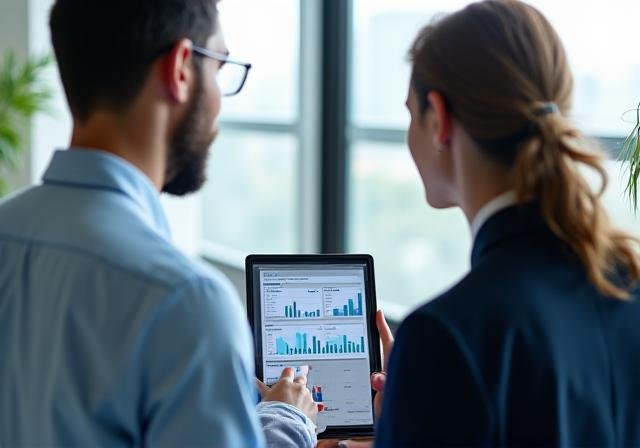 Financial consultants reviewing data-driven reports in a modern UK office